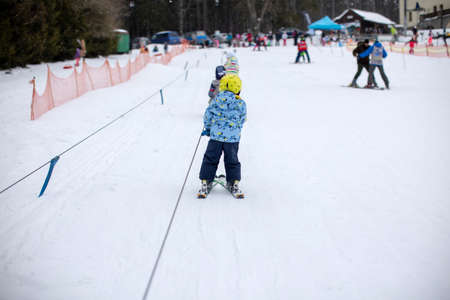 Little toddler boy, preschool child, skiing for the first time on small ski slopeの写真素材