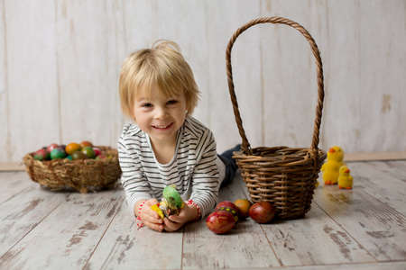 Sweet toddler child, cute boy playing with colorful easter eggs, studio shotの写真素材