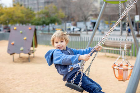 Cute little children tourists admiring Barcelona city, family travel with kids in Spainの写真素材
