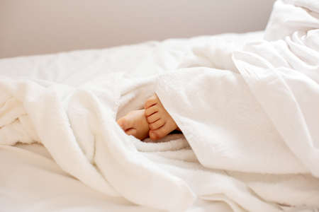 Little toddler's feet, wrapped in a towel, kid lying in bed daytimeの写真素材