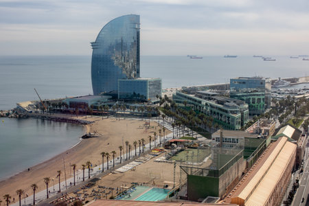 Splendid view to Barcelona city from the top of a tower, beautiful landscape panorama from the cable car lift, daytime, Spainのeditorial素材
