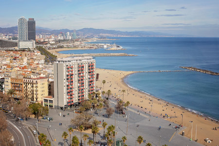 Splendid view to Barcelona city from the top of a tower, beautiful landscape panorama from the cable car lift, daytime, Spainのeditorial素材