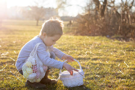 Cute toddler boy, gathering easter colorful eggs in a basket in the park, springtime