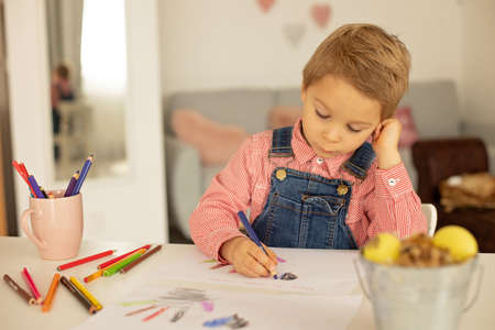 Cute boy, child in red shirt, drawing picture for fathers day, little chicks on the table playingの写真素材