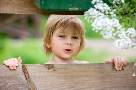 Cute little toddler child, boy, standing on a fence in the park, shirtless, looking at the cameraの写真素材