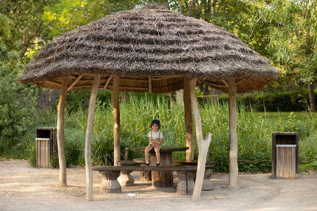 Cute little child, blond boy, walking on sunset in beautiful park garden, springtimeの写真素材