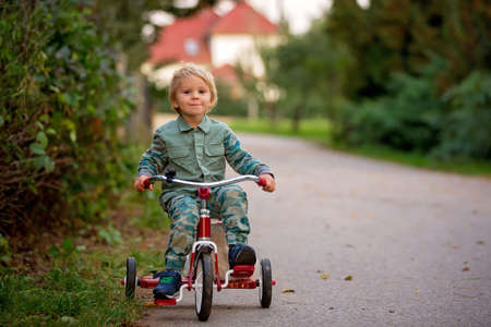 Toddler child, blond boy, riding tricycle in a village small road on sunset with teddy bearの写真素材