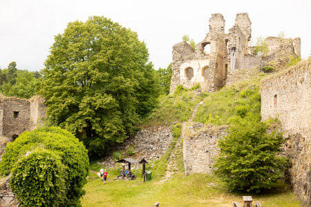 Ruins Divci Kamen, Maiden Stone Castle in Czech Republic, near Ceske Budejovice summertimeのeditorial素材