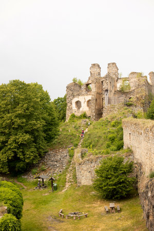Ruins Divci Kamen, Maiden Stone Castle in Czech Republic, near Ceske Budejovice summertimeのeditorial素材