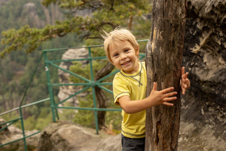 Child, boy, visiting Pravcicka brana in Hrensko, Czech Republic on a rainy summer day with his parentsの写真素材