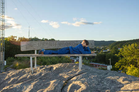 Family visiting town Mandal in Norway, view from the viewpoint Uranienborg to the city Mandal in Norwayの写真素材