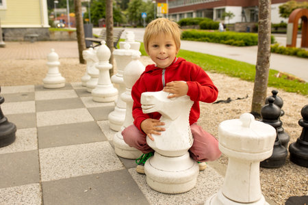 Child, enjoying the local games of Odda, chess, iron horse, iron ant, tourist visiting Odda summertimeの写真素材
