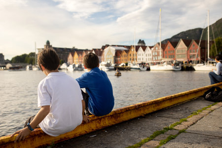 People, children enjoying the amazing views in Norway to fjords, mountains and other beautiful nature miraclesの写真素材
