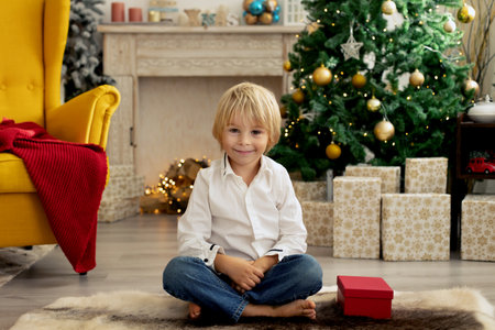 Cute child, boy, playing in a decorated room for Christmas, cozy placeの写真素材