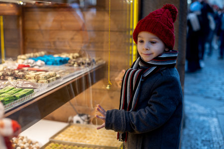 Child in Prague on Christmas, looking at the store windowsの写真素材
