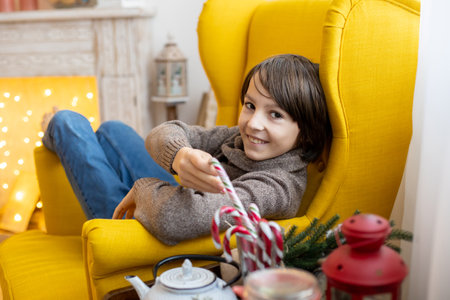 Cute child, boy, playing in decorated room for Christmas, decorating christmas treeの写真素材