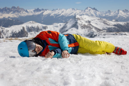 Happy family, enjoying ski holiday with children, sunny beautiful weather outdoorsの写真素材