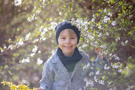 Cute preschool child, boy, holding handmade braided whip made from pussy willow, traditional symbol of Czech Easter used for whipping girls and women to receive eggs and sweetsの写真素材