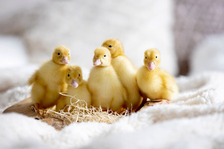 Small beautiful ducklings, cute fluffy animal birds in a bowlの写真素材