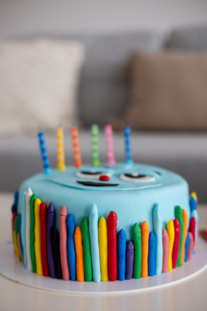 Amazing cake with pencils for a child going to school, blue cake, ready to schoolの写真素材