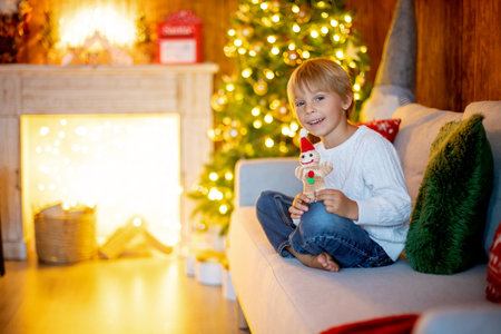 Beautiful blond child, young school boy, playing in a decorated home with knitted toys at Christmasの写真素材