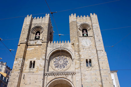 Happy people, visiting Lisbon during summer holiday, family with children in the old cityの写真素材