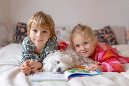 Two blond cute children, boy and girl, siblings and maltese dog, reading book together at home, joy and happinessの写真素材