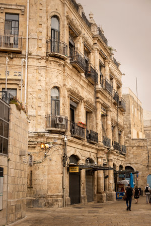 European tourist family with children, visiting Jerusalem, meeting new cultureの写真素材