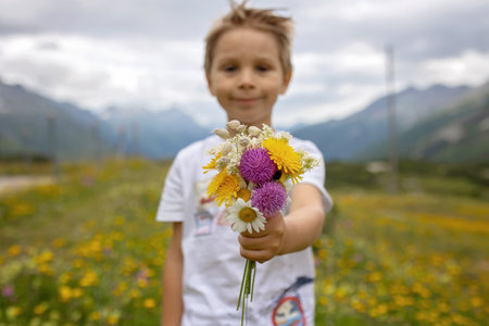 Beautiful blond child, boy, gathering wild flowers fom mother in the mountains in Switzerland, summertimeの写真素材