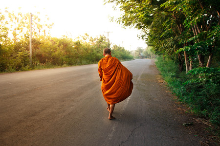 Buddha monk walk in the morning for receive food from Buddhism.の写真素材
