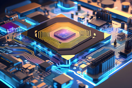 Circuit board close-up. Technology background. 3d renderingの素材