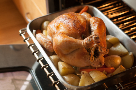Roasted chicken on oven rackの写真素材