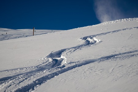 new tracks from skier and snowboarders on snow powderの写真素材
