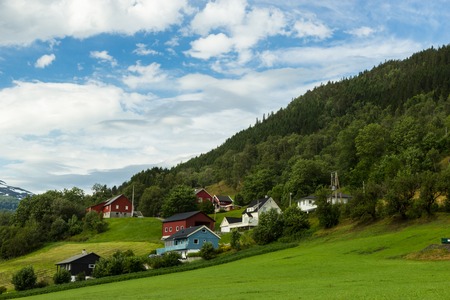 Landscape with mountains in Norwegian village in Norwegian fjordsの写真素材