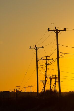 Electricity pylons and lines at sunset at Cape Cod