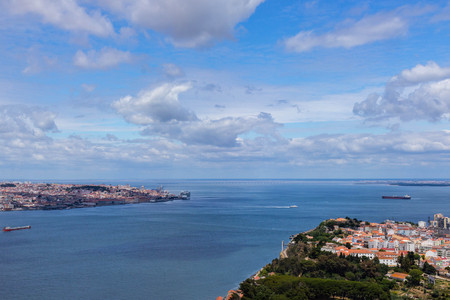 aerial view of Lisbon city from opposite side of the river Tagus, Portugalの写真素材