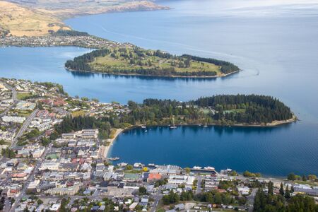 Aerial view of beautiful city of Queenstown, Otago, New Zealandの写真素材