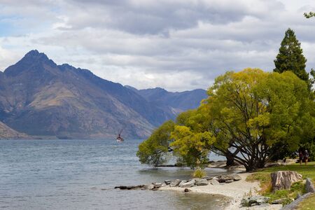 Lakeside of Wakatipu lake in Queenstown, South Island, New Zealandの写真素材