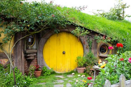 2017, May 2nd, Hobbiton movie set in Matamata, New Zealand - Front door of the hole, Hobbit houseのeditorial素材