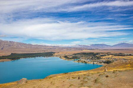 View of Lake Tekapo from Mount John observatory, New Zealandの写真素材