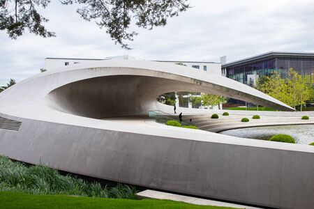 GERMANY, WOLFSBURG - 30 MAY 2019: modern futuristic Porsche pavilion in Autostadt