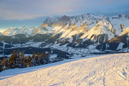 evening light on mountain range, Schladming ski resort, Austrian Alpsの写真素材