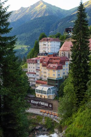 Houses in famous Bad Gastein town in Austrian Alpsの写真素材