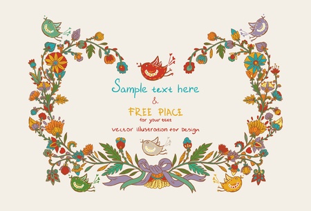 Flowers decor frame with leafs, birds and heartsのイラスト素材