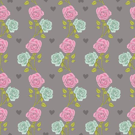 Beautiful Seamless color rose pattern on heart background, vector illustrationのイラスト素材
