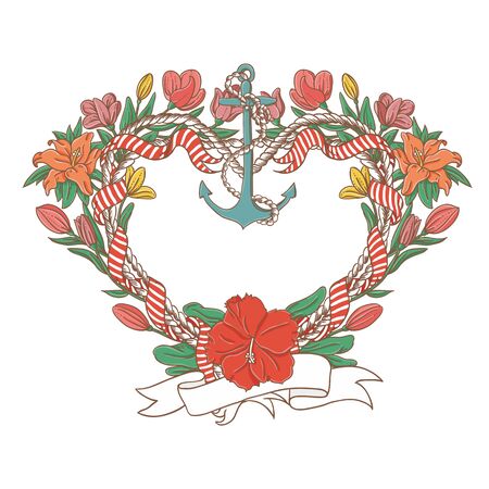 Heart shaped frame with marine elementsのイラスト素材