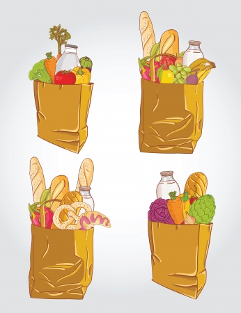 Paper bag with  food bread and fruits, vegetable vector illustrationのイラスト素材