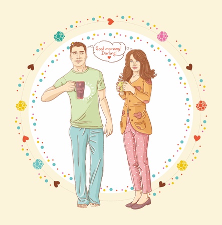 Portrait of a happy young couple drinking coffee togetherのイラスト素材