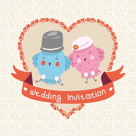 Invitation or wedding card with two happy bird in pastel colorのイラスト素材