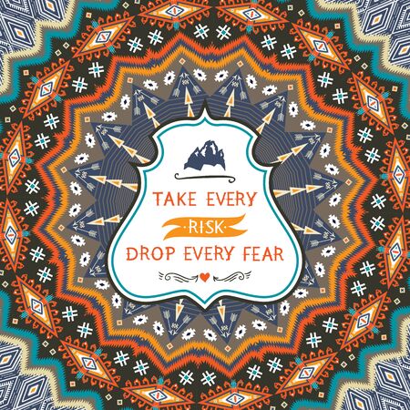 Ornamental round aztec geometric pattern, circle background with many colorful elementsのイラスト素材